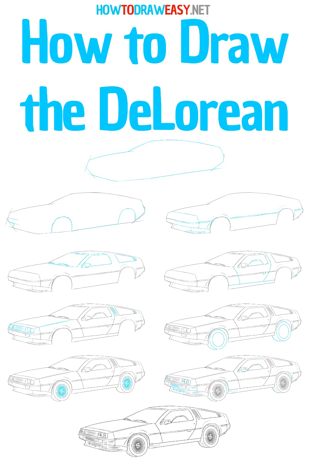 how to draw the delorean step by step