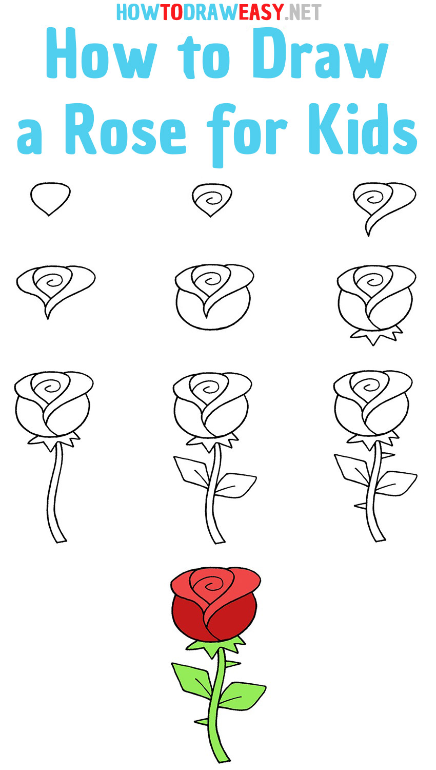 How to Draw a Rose for Kids step by step