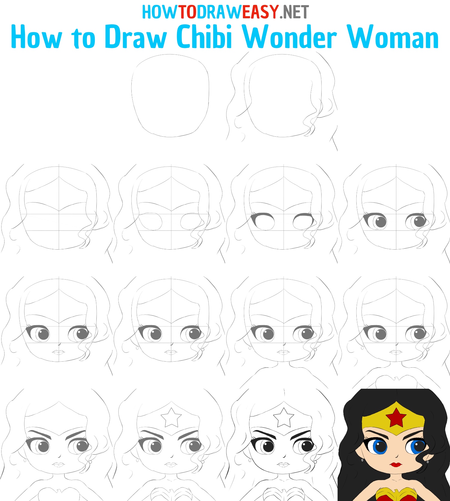 How to Draw Chibi Wonder Woman Face Step by Step