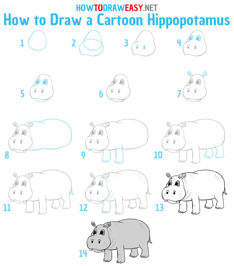 How to Draw a Cartoon Hippopotamus - How to Draw Easy