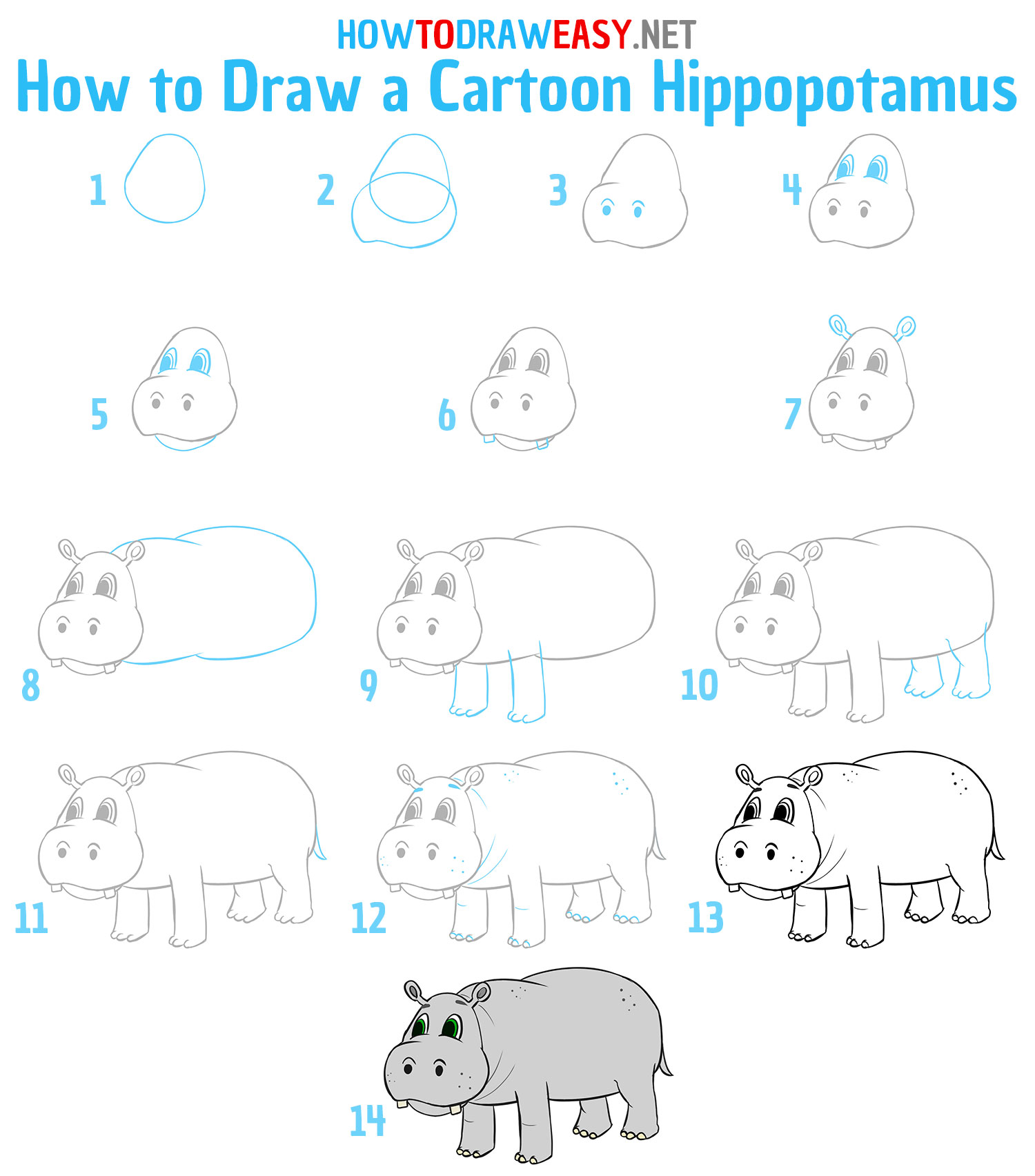 How to Draw a Cartoon Hippopotamus Step by Step