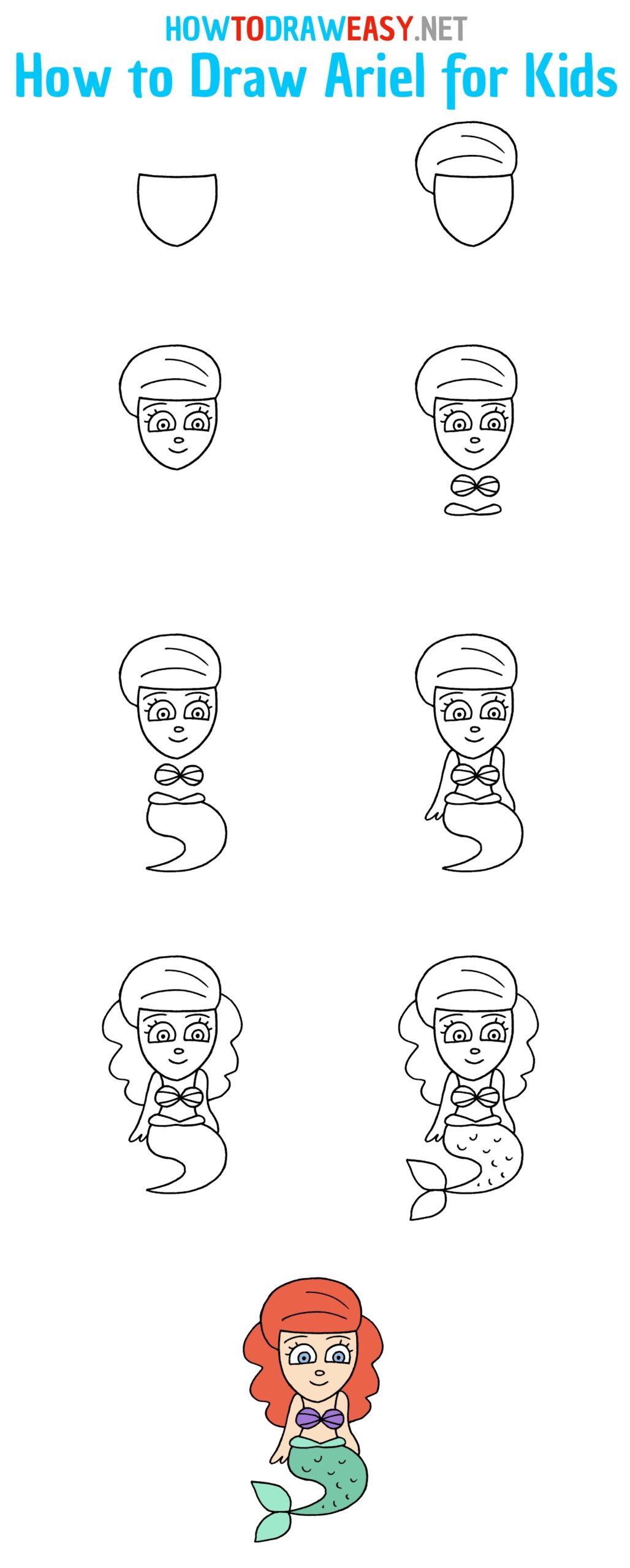 How to Draw Mermaid Ariel Step by Step