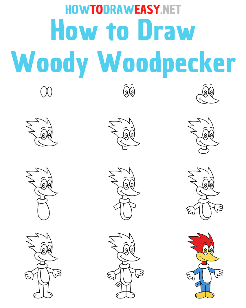 hoe Woody Woodpecker stap voor stap te tekenen