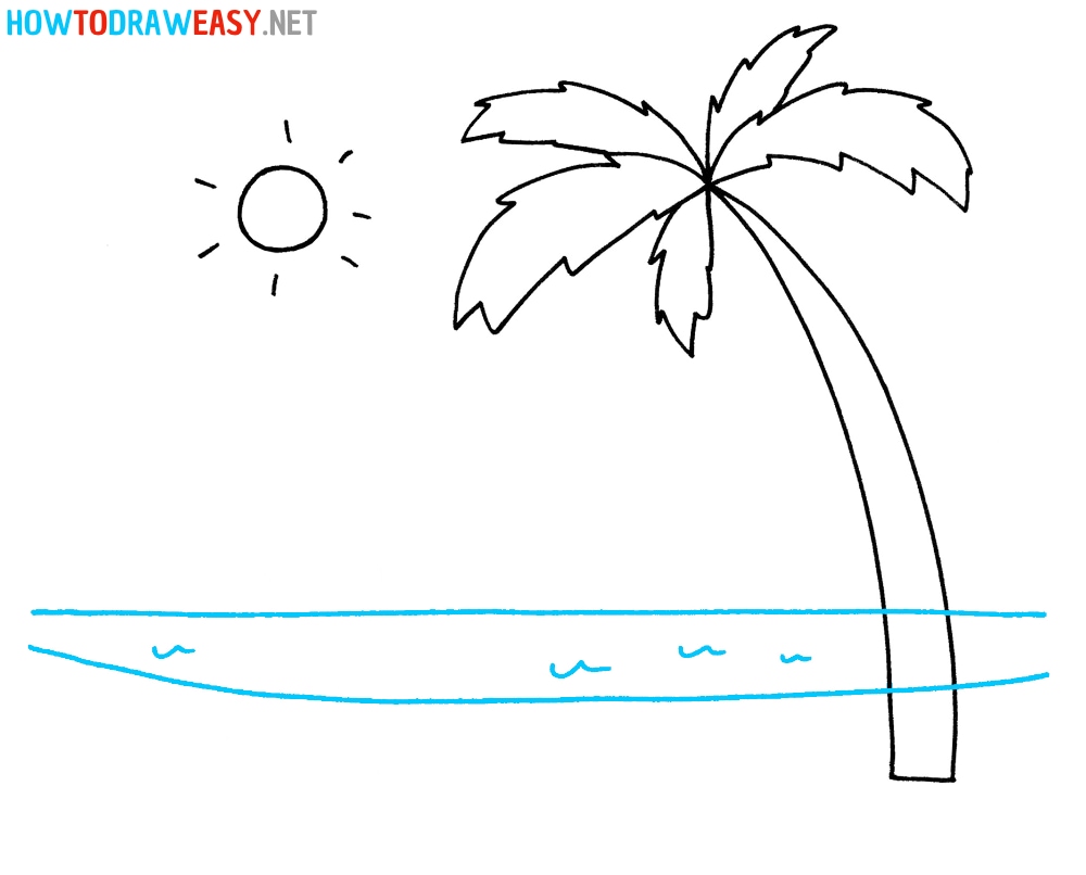graphics drawing landscape view ocean and blue sky with coconut leaf vector  illustration 7762692 Vector Art at Vecteezy